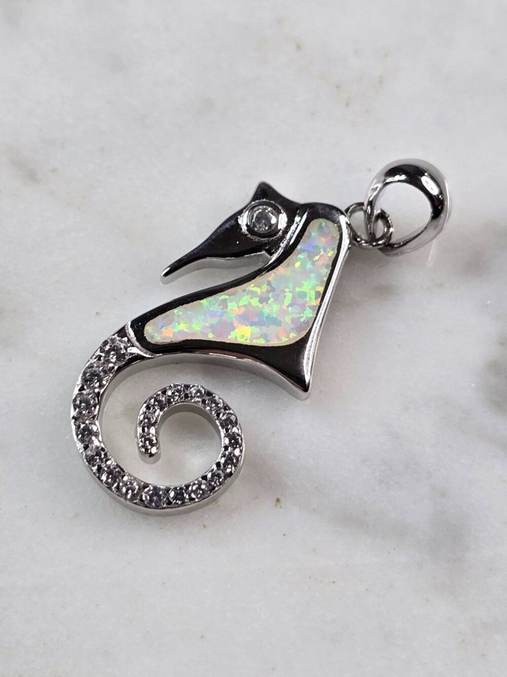 Womens Sterling Silver Opal Seahorse Pendant 2.7g E2315